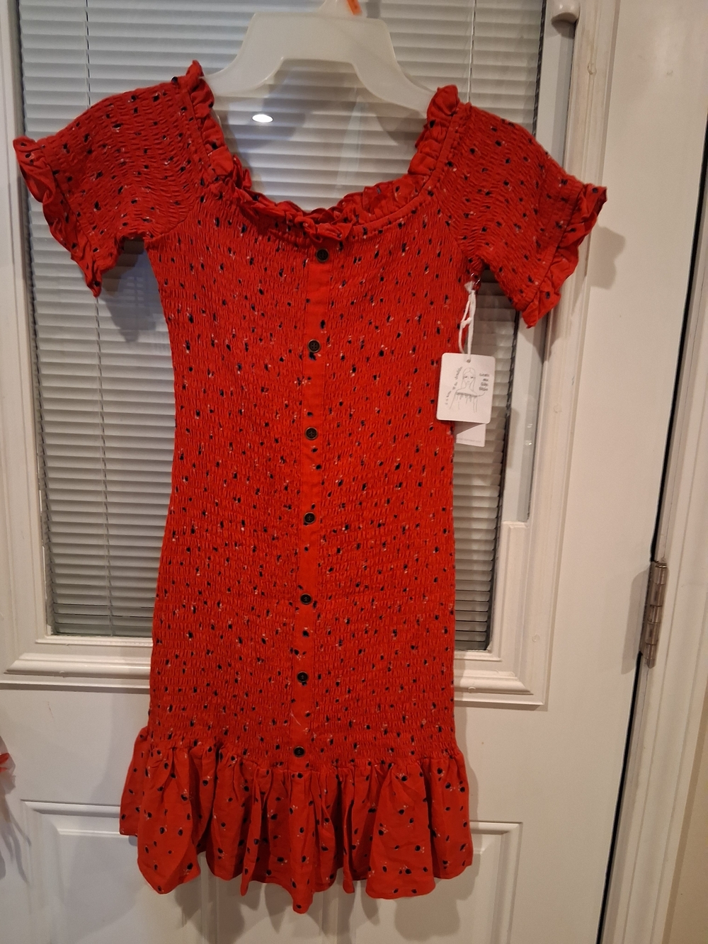 SKU77 Girls Red Smocked Button-Front Ruffle Dress